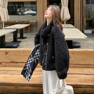 秋冬新款黑色百搭羊羔毛皮毛一体外套 8157p225k358，女装棉衣/棉服，浙宝186