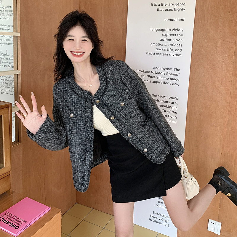 灰色小香风外套女2025春秋新款韩系高级感气质显瘦小个子短款上衣,女装短外套,浙宝186