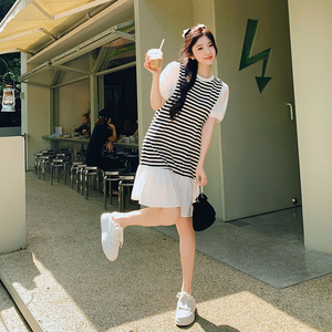 韩版泡泡袖条纹拼接连衣裙女夏2025新款宽松休闲减龄中长款鱼尾裙图片