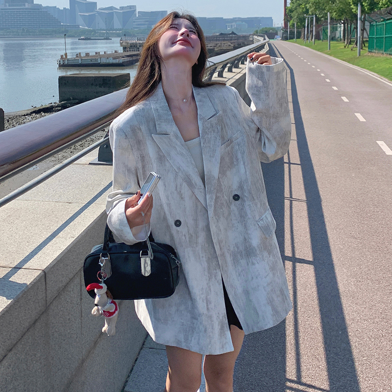 韩版高级感扎染西装外套女2025春秋季新款宽松显瘦设计感休闲上衣，女装西装，浙宝186