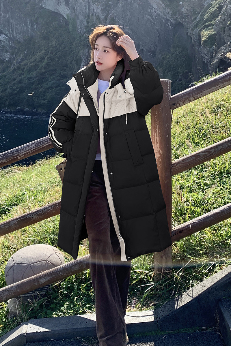 撞色拼接中长款羽绒服女2025冬季新款韩版宽松学院风过膝保暖外套,女装羽绒服,浙宝186