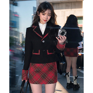 复古英伦风学院风减龄红格外套半裙套装 卡普里 初春新款