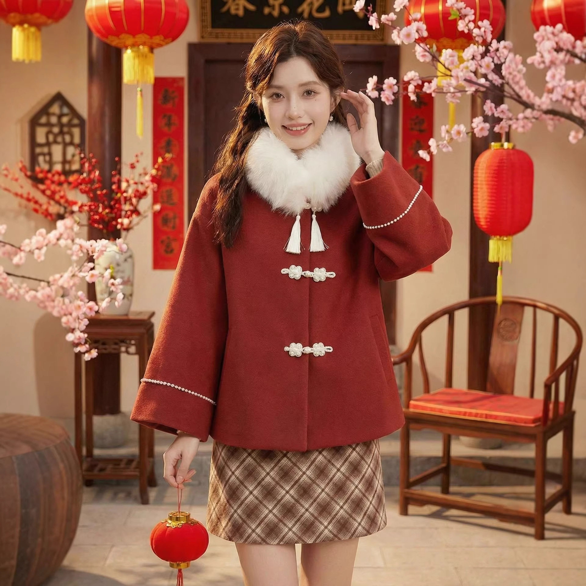 本命年毛呢外套女2025年冬季新款毛绒围脖盘扣流苏新年红短上衣女,女装/女士精品,毛呢外套,淘宝优惠券,粉丝福利购,淘宝优惠卷