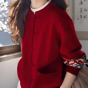 新年战袍红色毛衣外套女冬季大码胖mm新中式国风慵懒针织开衫上衣