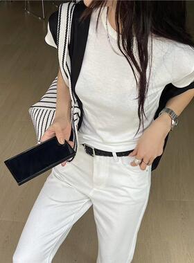 闰熙runxi9845圆领短袖T恤女2025夏季气质简约修身显瘦小飞袖上衣