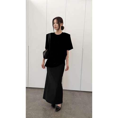 mdeng摩登7118丝绒T恤女秋季新款韩版短袖圆领修身百搭垫肩上衣