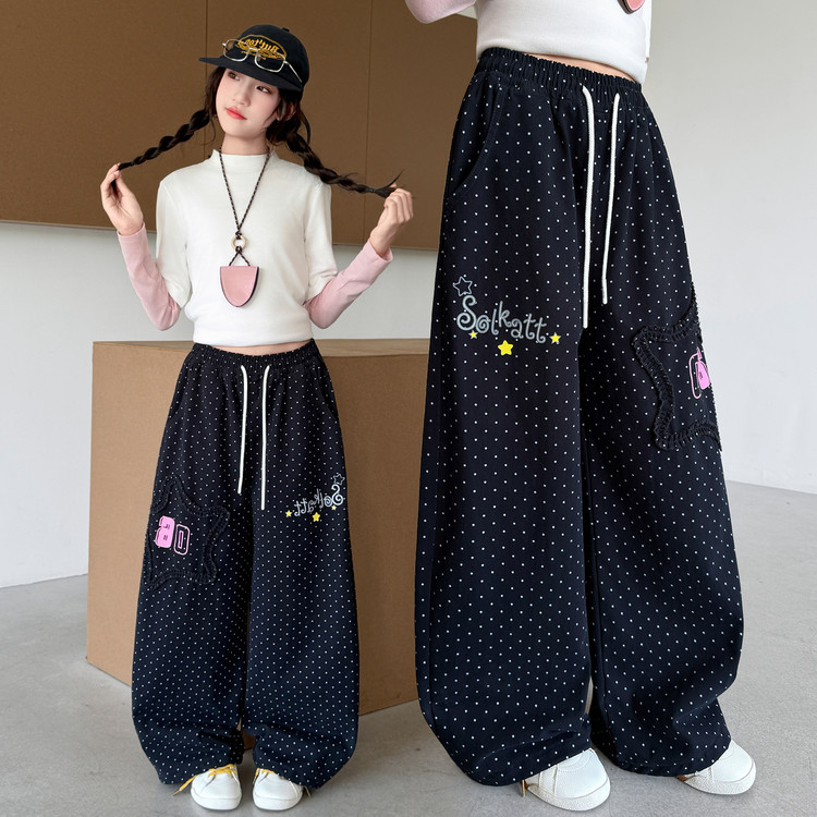 女童裤子秋款韩版卫裤2026新款女大童时尚圆点休闲裤儿童百搭长裤