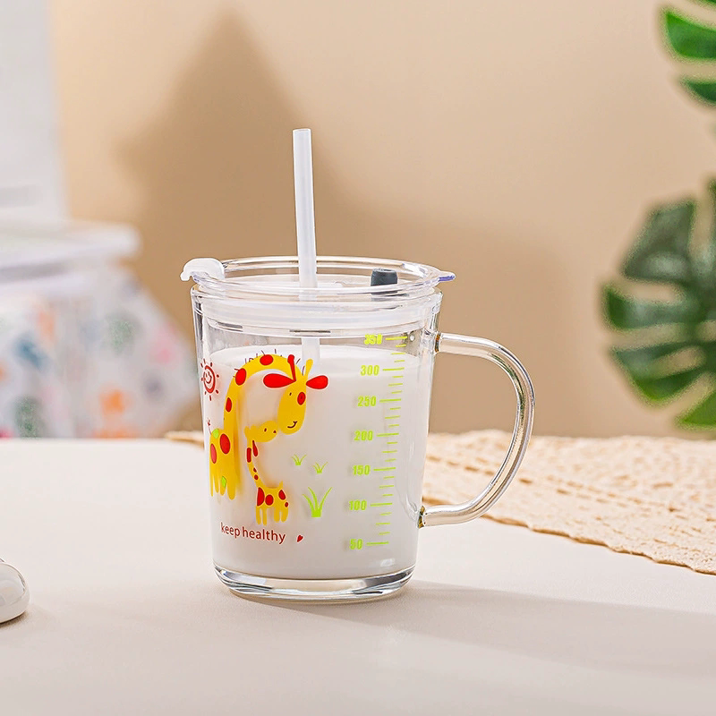 刻度吸管玻璃杯子加厚耐热儿童牛奶杯带盖透明大容量可微波水杯