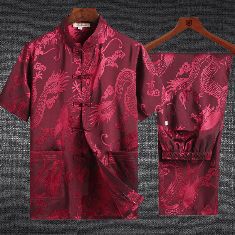 夏季唐装男中老年中国风男式汉服晨练服真丝套装民族服装YD8805,男装民族服装,星座1712-1