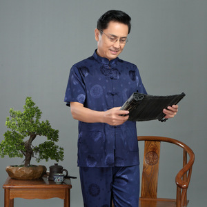 夏季唐装男中老年中国风男式汉服晨练服真丝套装民族服装YD8805图片