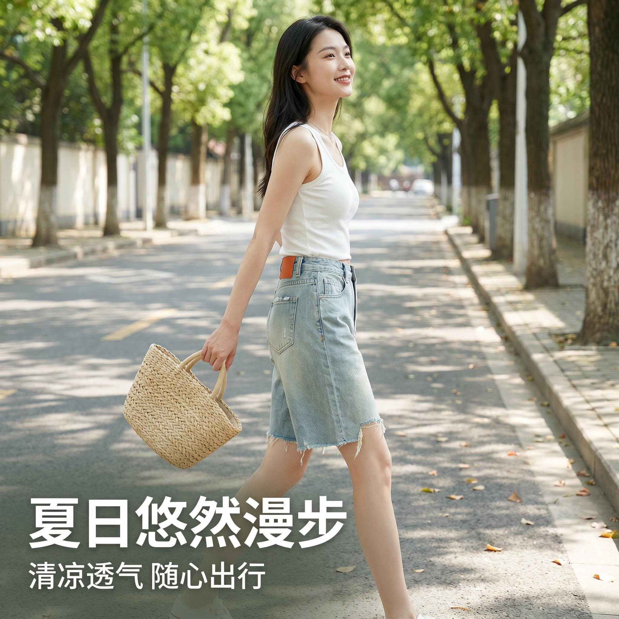 天丝亚麻五分破洞无弹牛仔裤女