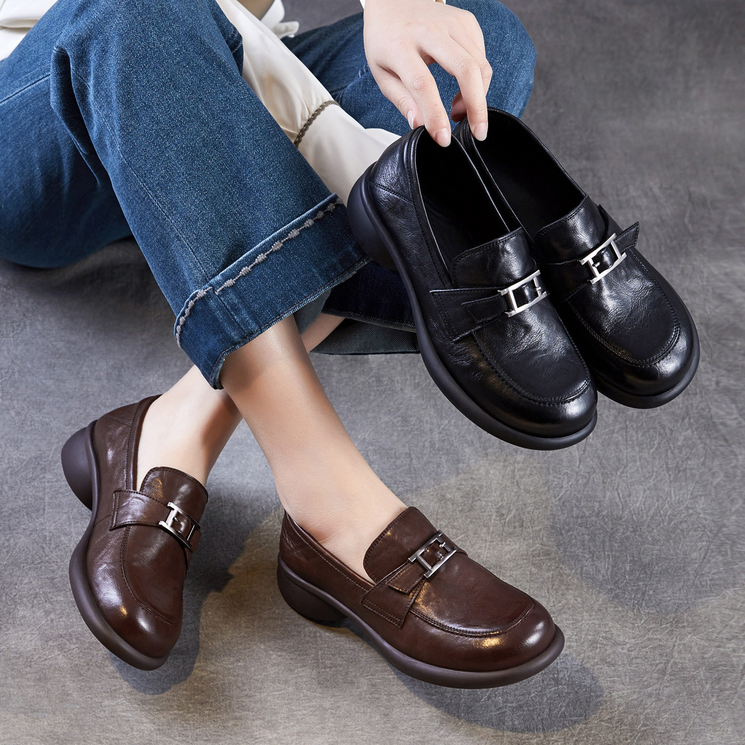 真皮乐福鞋女2026春秋软底复古皮带扣套脚皮鞋低跟单鞋黑色工作鞋,女鞋,乐福鞋（豆豆鞋）,淘宝优惠券,粉丝福利购,淘宝优惠卷