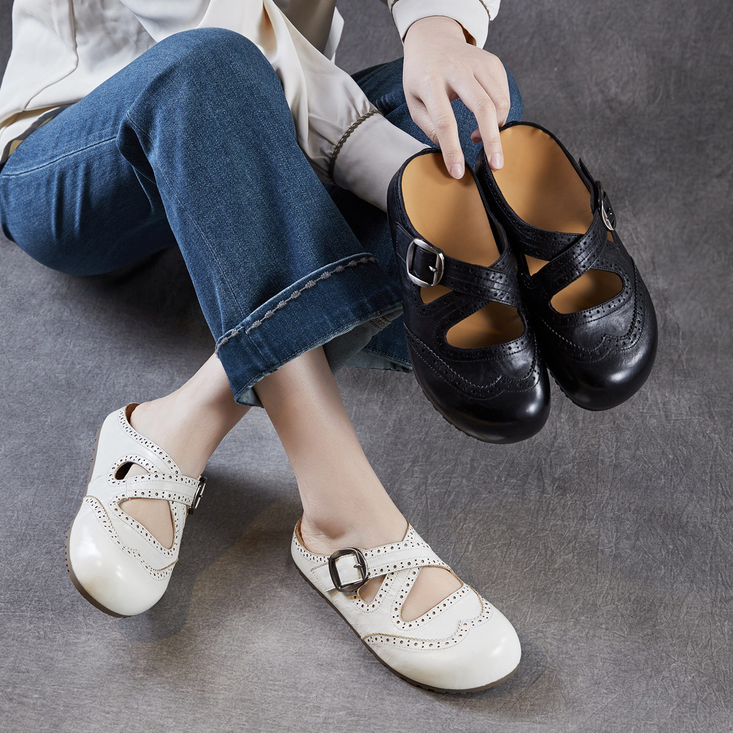 头层牛皮勃肯鞋包头半拖女2026夏季新款布洛克厚底凉拖鞋外穿凉鞋