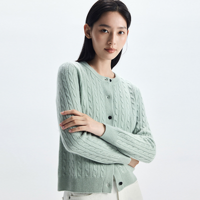 康赛妮A规100%山羊绒7针双线圆领开衫复古麻花绞花毛针织衫外套女