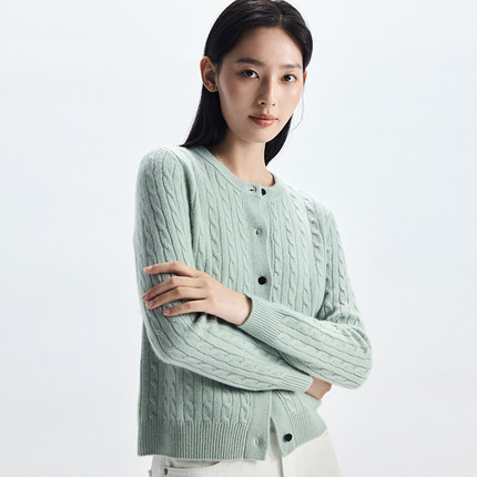 康赛妮A规100%山羊绒7针双线圆领开衫复古麻花绞花毛针织衫外套女