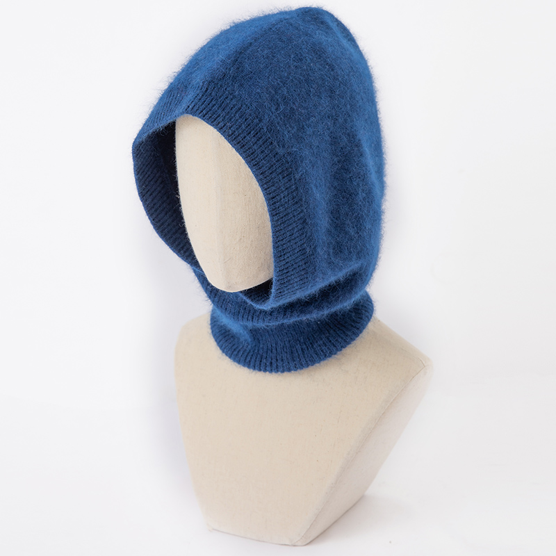 浣熊绒帽子围脖一体女秋冬加厚针织纯山羊绒护耳脖套保暖连帽围巾