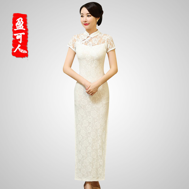 盈可人大码改良旗袍裙年轻款紧身减龄长款蕾丝性感高开叉连衣裙,女装/女士精品,连衣裙,淘宝优惠券,粉丝福利购,淘宝优惠卷