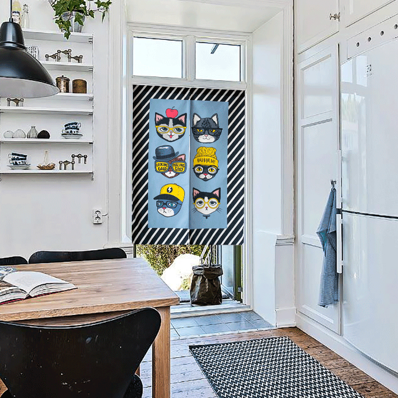 ins风猫咪卧室免打孔布艺门帘