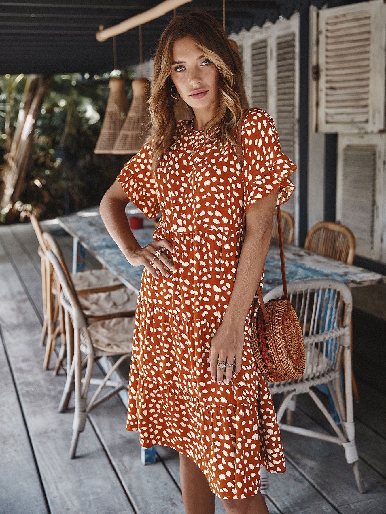 polka dot printed short sleeved cotton dress beach 连衣裙女