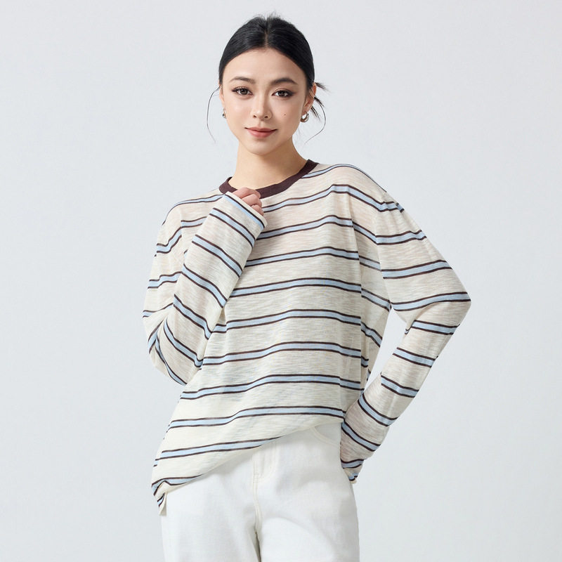 墨麦客女装撞色条纹针织罩衫2026春新款慵懒风透气长袖上衣10189.