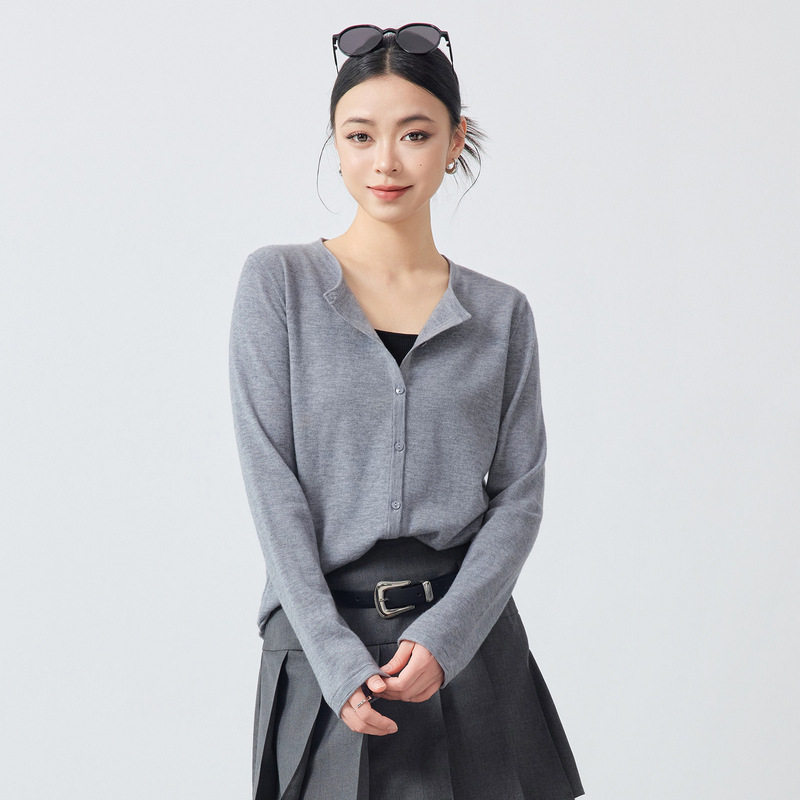 墨麦客女装全羊毛薄款针织开衫女2026春新款圆领卷边空调衫10176.