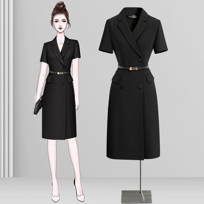 黑色西装连衣裙中长款正式场合高级感职业通勤面试西服裙子女夏季