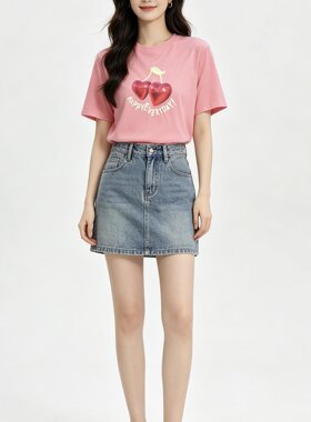 LIERKISS烈儿亲亲  精梳棉樱桃印花短袖T恤男女同款宽松休闲上衣