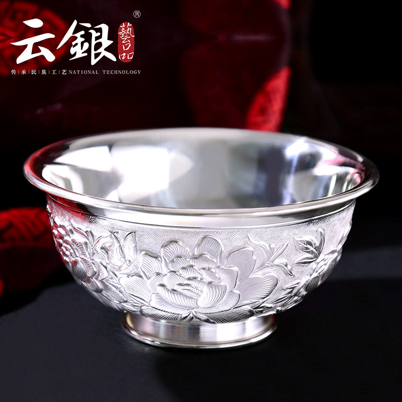 云银999足银碗云南大理雪花银 家用双层隔热防烫食用级餐具摆件