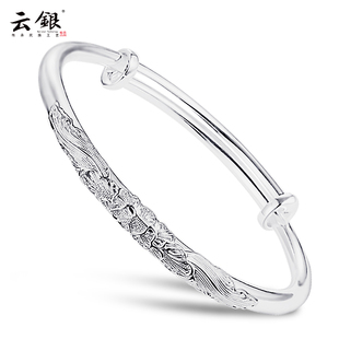 云银牡丹花丝999足银手镯雪花银镯子浮雕女款推拉圆手环妈妈礼物