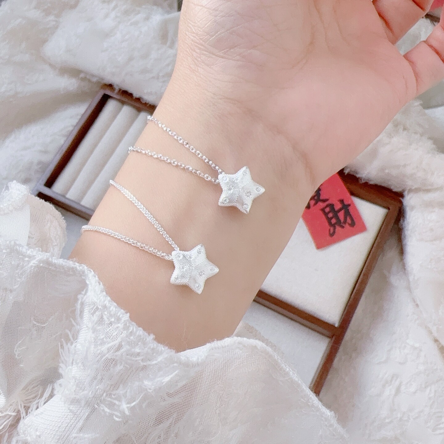 足银999纯银拉丝折纸星星项链女