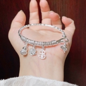 足银9999纯银醒狮盘缠银手镯女平安喜乐吉言锤纹实心银镯子情人礼