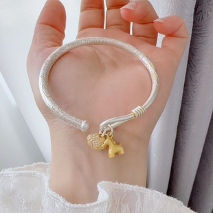 足银9999纯银马上有钱手镯女实心描金古法吉言银手镯女友情人礼物