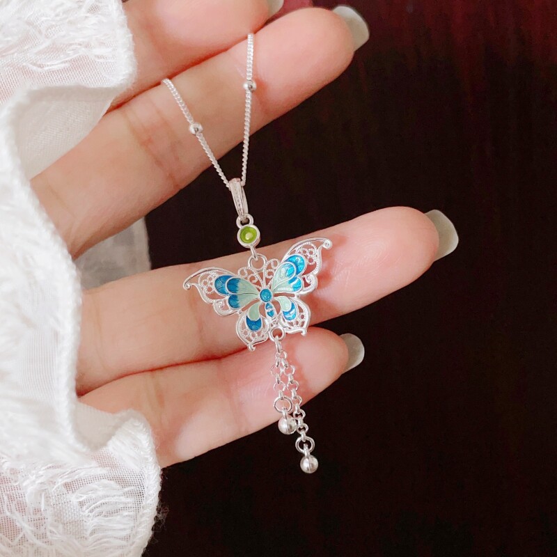 足银999纯银蓝色珐琅蝴蝶项链流苏光珠吊坠新款国风锁骨链女友礼