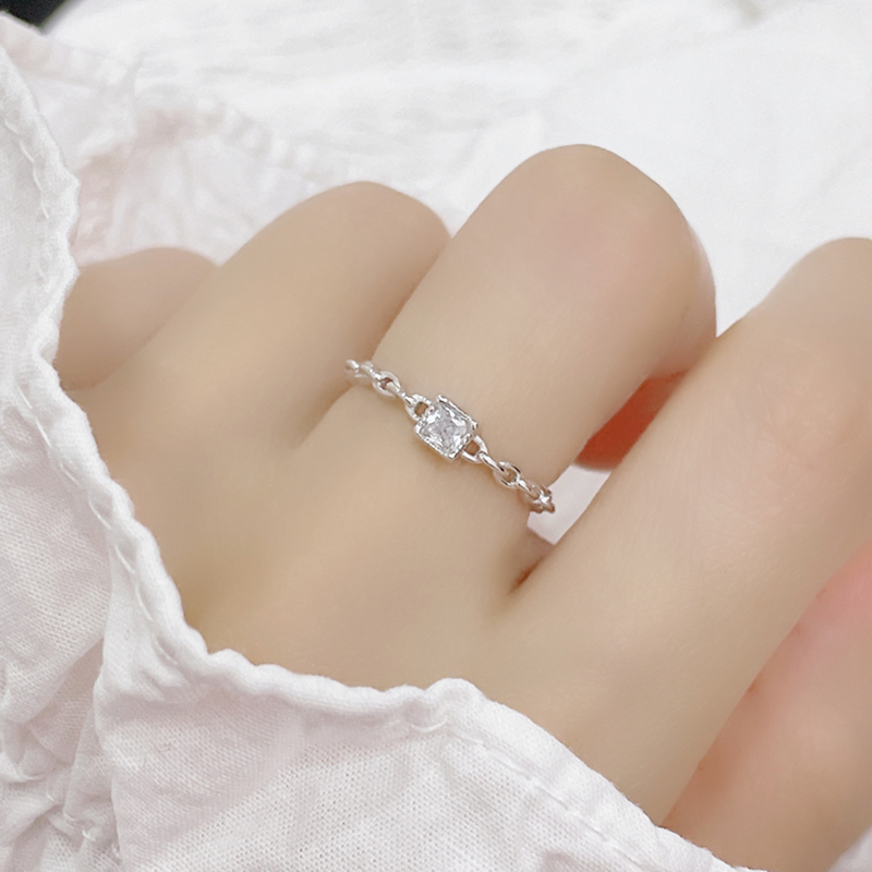 s925纯银素戒锆石方钻戒指女ins冷淡风轻奢小众指环女简约开口戒