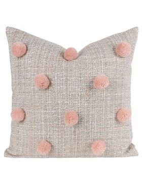 轻奢样板间粉红色毛毛球抱枕儿童房床品靠垫法式珍珠扣腰枕含芯