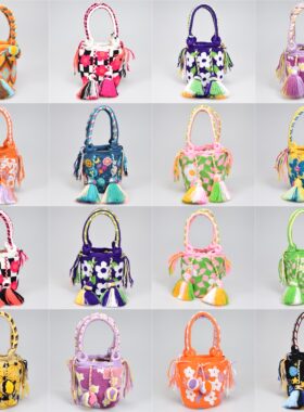 SUSUWAYUU 瓦尤迷你小号手提包民族风球球手工编织包波西米亚风