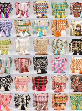 SUSUWAYUU 瓦尤手工编织包流苏球球斜挎波西米亚民族风水桶小包