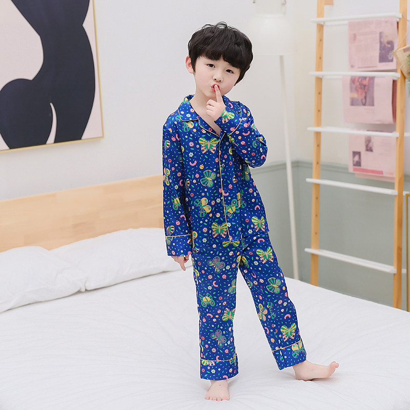 儿童真丝男童睡衣春夏条纹有机桑蚕丝蝴蝶印花长袖套装六一节帅气