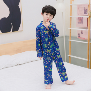 儿童真丝男童睡衣春夏条纹有机桑蚕丝蝴蝶印花长袖套装六一节帅气
