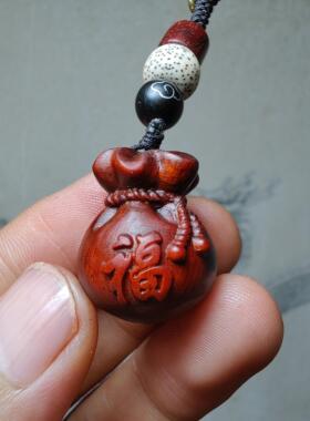 紫檀红木头精雕刻钱福袋车钥匙扣小吊坠文盘玩手把挂件精美礼饰品