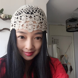 蝉昭-纯手工钩编亚麻棉线钩花复古瓜皮帽森女文艺镂空包头装饰帽