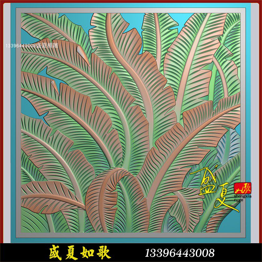 芭蕉叶精雕图欧式石雕背景墙壁画浮雕木雕家俱顶箱柜植物灰度图