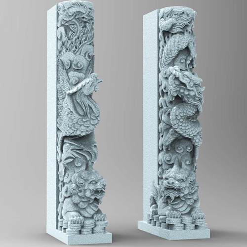 龙凤狮三面半柱三维立体圆雕模型