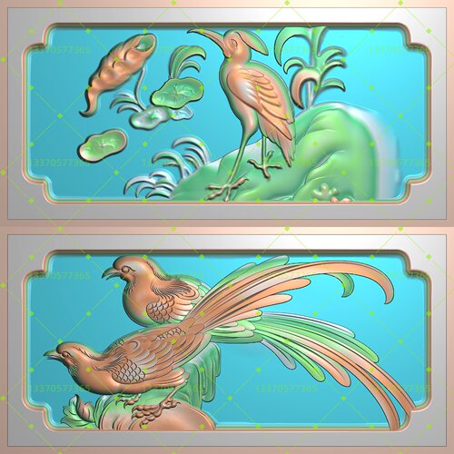 鹭鸶长尾锦鸡墓碑石栏浮雕图