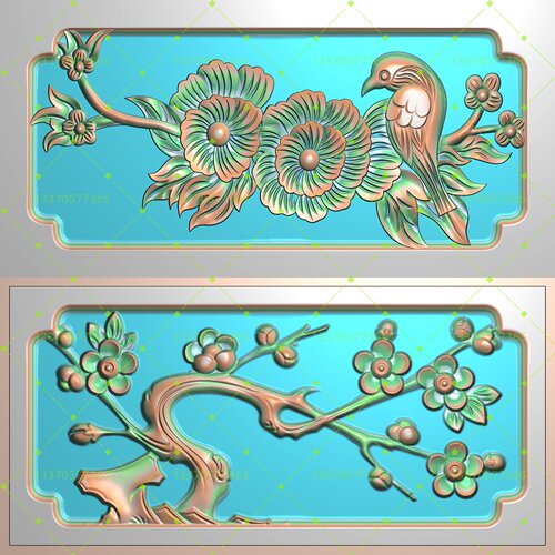 梅开富贵牡丹小鸟喜鹊花卉 陵园墓碑围坟石栏板 精雕浮雕灰度图