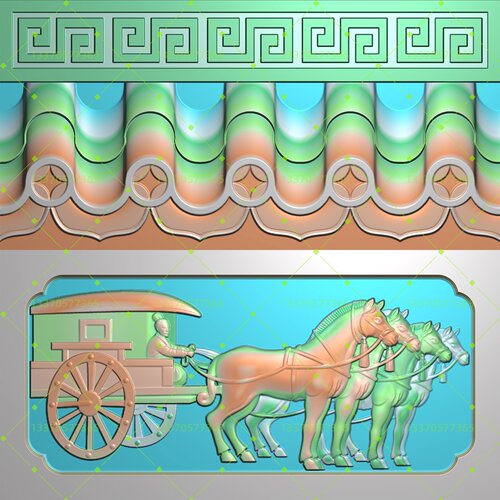 仿古回纹瓦檐马车浮雕灰度图