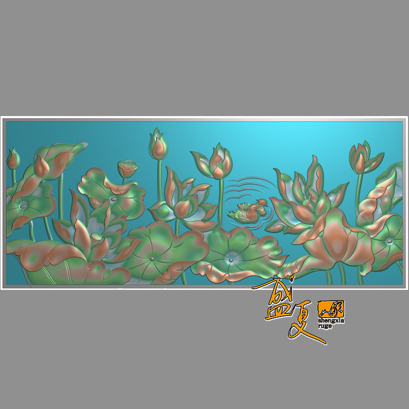 年年有鱼精雕图石雕木雕电视背景墙装饰荷花鱼花鸟浮雕图灰度图