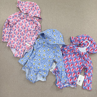 外贸原单儿童婴幼儿女童游泳衣带帽子两件套长袖防晒0-24M超值