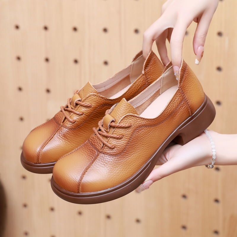 头层牛皮断码清仓真皮复古女鞋平跟舒适平底妈妈鞋女士鞋圆头皮鞋