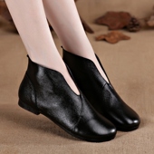 清仓 断码 复古女靴英伦靴子棉鞋 单靴真皮软底平底短靴中老年妈妈鞋